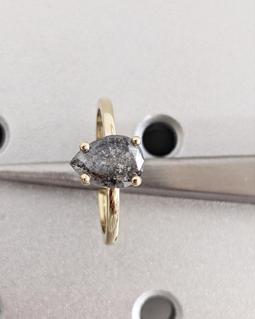 1920's Raw Salt and Pepper Diamond Rose Cut Pear Diamond Ring | Unique Engagement Ring | Galaxy Black Gray Pear 14k Yellow, Rose, White Gold