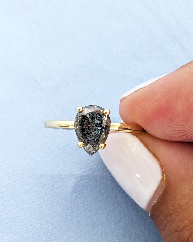 1920's Raw Salt and Pepper Diamond Rose Cut Pear Diamond Ring | Unique Engagement Ring | Galaxy Black Gray Pear 14k Yellow, Rose, White Gold