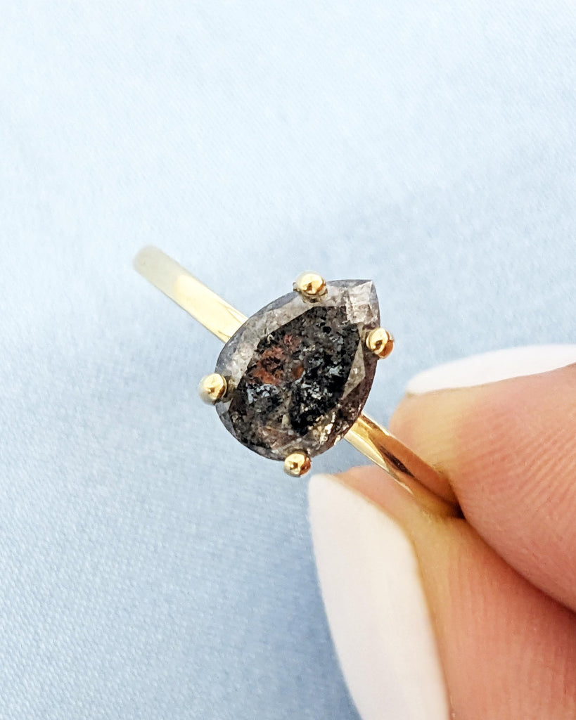 1920's Raw Salt and Pepper Diamond Rose Cut Pear Diamond Ring | Unique Engagement Ring | Galaxy Black Gray Pear 14k Yellow, Rose, White Gold
