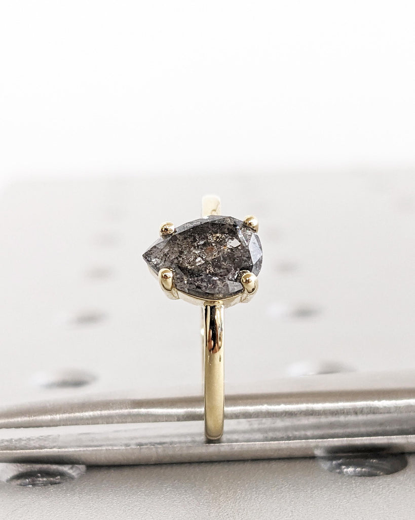 Vintage Teardrop Salt and Pepper Ring, Solitaire Pear Engagement Ring, Galaxy Salt and Pepper Gray Diamond Ring, 14K White Gold Promise Ring