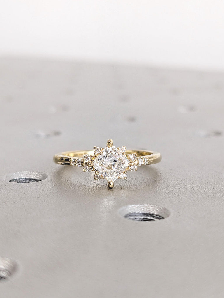 Unique Moissanite Ring for Her, Women's Ring, 14k Gold Princess Cut Ring, Colorless Moissanite Cluster Ring, Proposal Ring, Starburst Ring