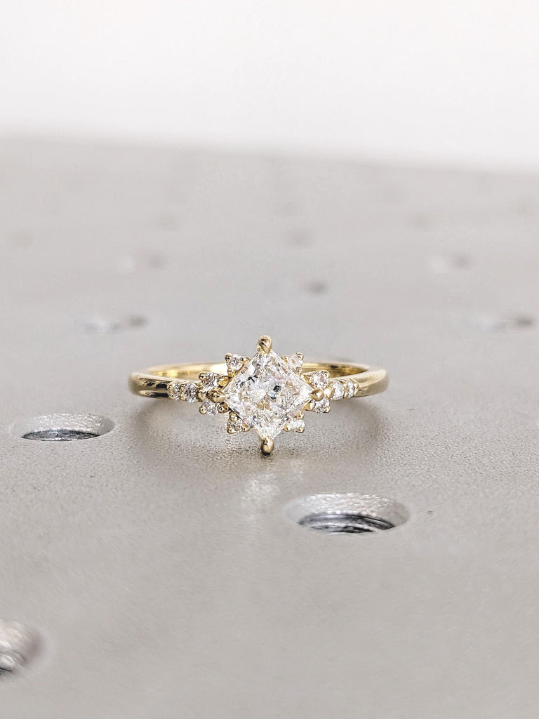 Princess Cut Moissanite Engagement Ring, Art Deco 14k Yellow Gold Wedding Ring, Starburst Moissanite Ring, Promise Ring, Bridal Gift for Her