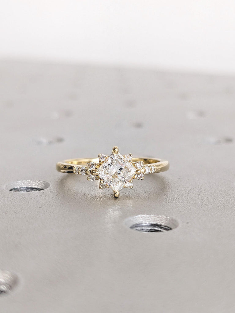 Lab Grown Diamond Engagement Ring, 14k Solid Gold Anniversary Ring, Princess Cut Ring, Unique Starburst Diamond Cluster Ring, Gift for Wife
