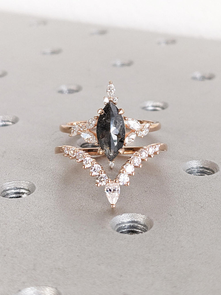 Unique Engagement Ring | Marquise cut Natural Diamond Rose Gold Vintage Bridal Set | Diamond Cluster Chevron Stacking Ring | Woman Jewelry