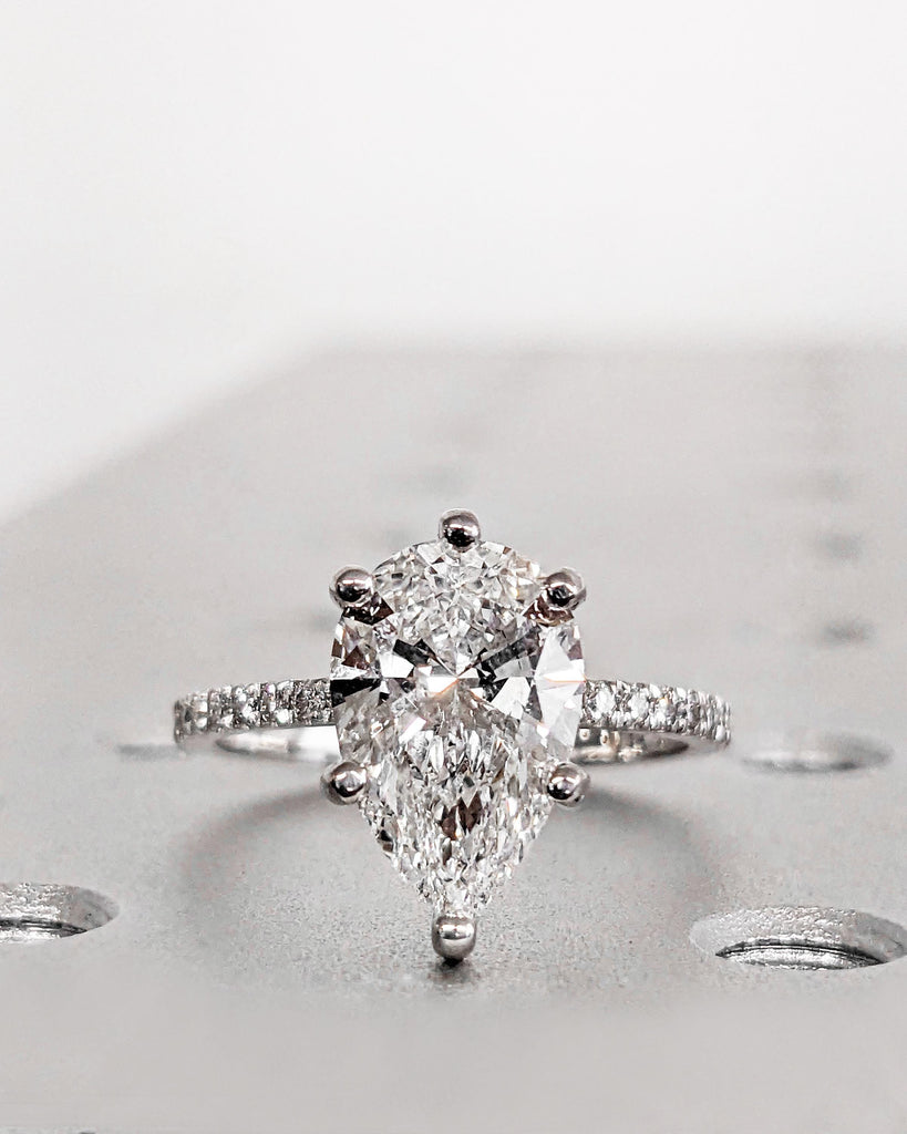 Pear Cut Diamond Engagement Ring with Hidden Halo, IGI Certified Lab Grown Diamond Ring, 14K 18K Gold Statement Ring, Anniversary Ring Women