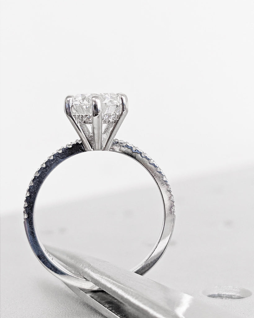 Hidden Halo Pear Cut Solitaire Engagement Ring | 1ct, 2ct, 3ct, 4ct Pear Cut Engagement Ring | Solid 14k Moissanite Engagement Ring for Her