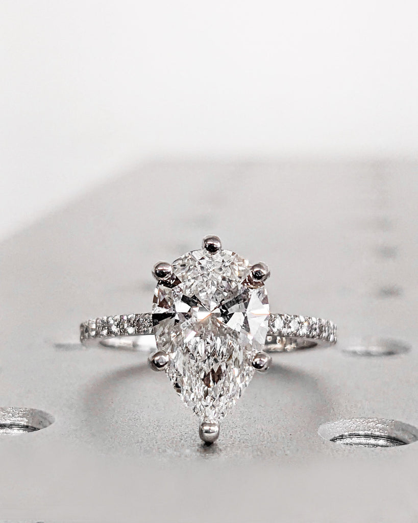 Hidden Halo Pear Cut Solitaire Engagement Ring | 1ct, 2ct, 3ct, 4ct Pear Cut Engagement Ring | Solid 14k Moissanite Engagement Ring for Her