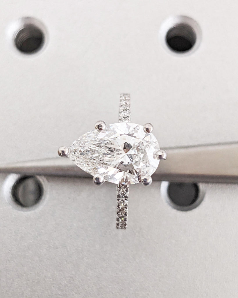 Hidden Halo Pear Cut Solitaire Engagement Ring | 1ct, 2ct, 3ct, 4ct Pear Cut Engagement Ring | Solid 14k Moissanite Engagement Ring for Her