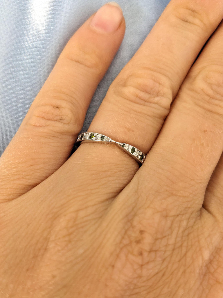 Solid 14K Gold Skinny Wedding Band | Minimalist Modern Art Deco Green Tourmaline and Diamond Band | Women Thin Wedding Ring | Stackable Ring