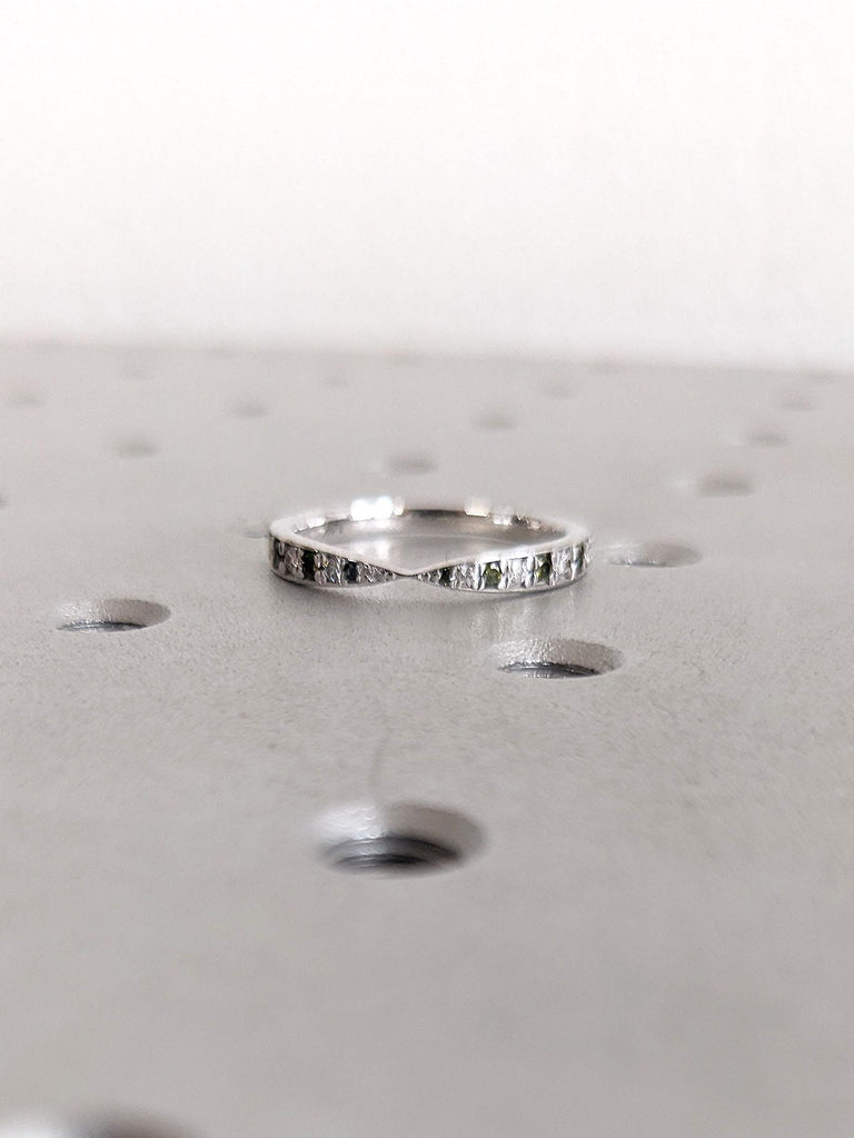 Solid 14K Gold Skinny Wedding Band | Minimalist Modern Art Deco Green Tourmaline and Diamond Band | Women Thin Wedding Ring | Stackable Ring