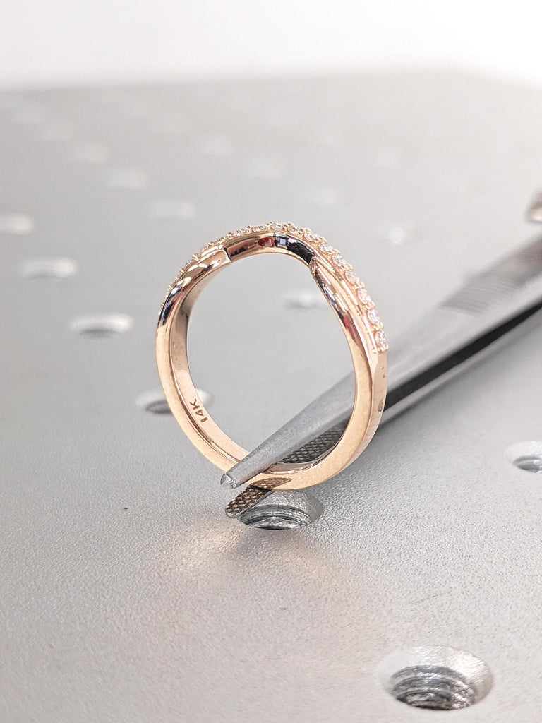 14k Rose Gold Band, Curved Wedding Band, Moissanite Half Eternity Band, Matching Rings for Women, Unique Wedding Band, Anniversary Band