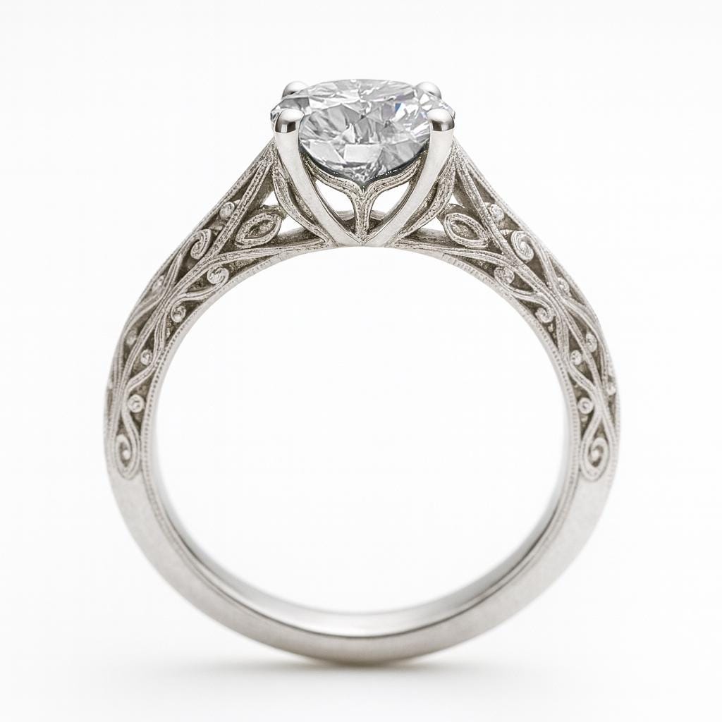 Vintage Engraved Round Cut Lab Grown Diamond Solitaire Engagement Ring | 14k White Gold Diamond Wedding Ring | 0.5ct IGI Certified Diamond Unique Art Deco Ring
