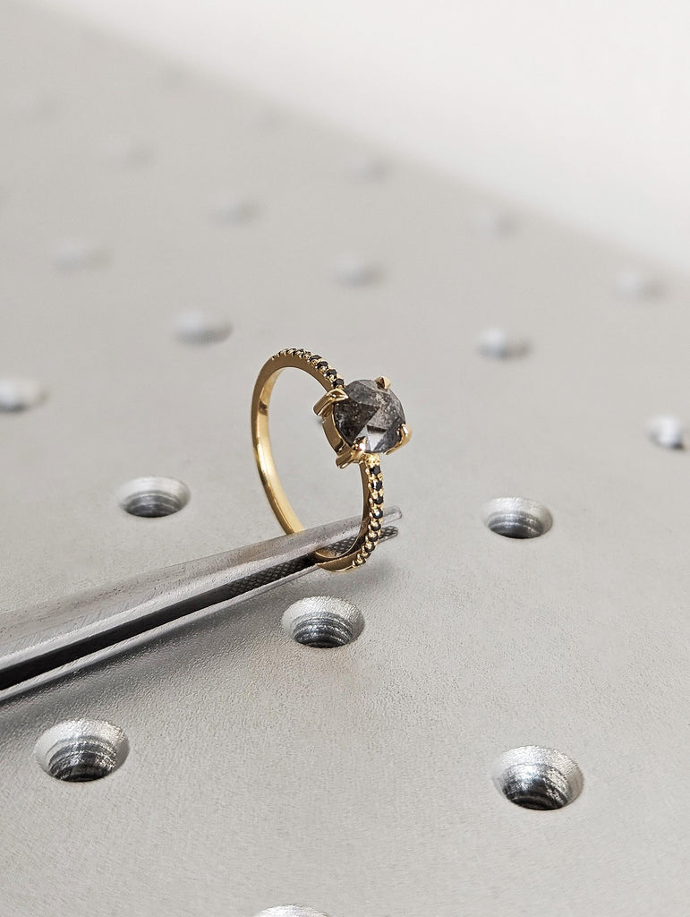 Dainty 18K Solid Yellow Gold Raw Salt & Pepper Diamond Bridal Engagement Ring, Round Black Diamond Pavé Wedding Band, Galaxy Promise Ring