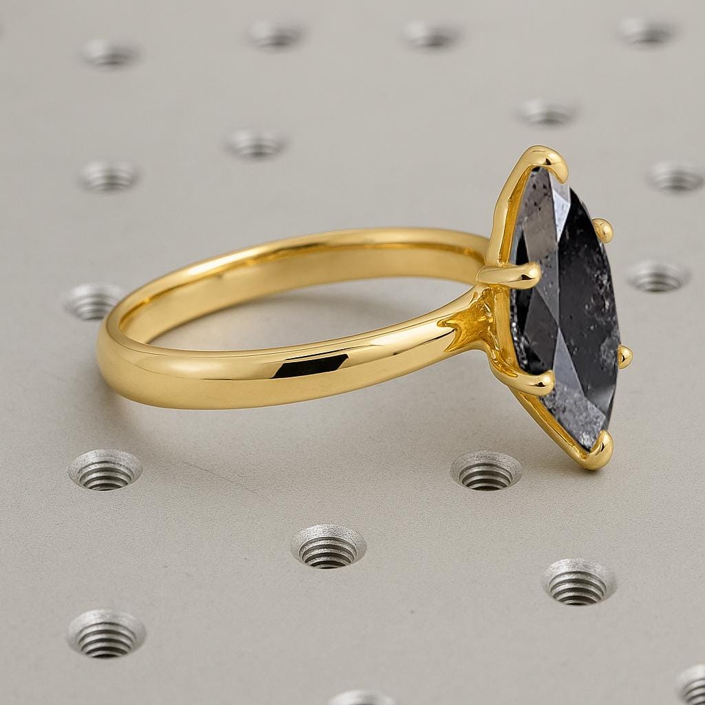 1.5 Carat Marquise cut Natural Black Diamond Engagement Ring | 14k Yellow Gold Rings for Women | Solitaire Custom Ring in Gold and Platinum