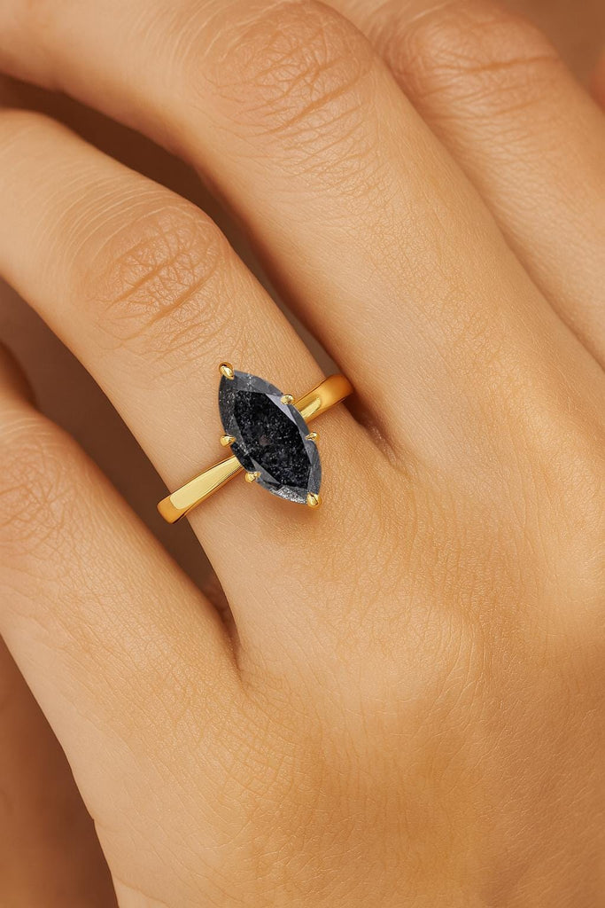 1.5CT Salt and Pepper Black Diamond Engagement Ring | Vintage Solitaire Diamond Wedding Ring | Tapered Band Yellow Gold Promise Ring by Braverman Jewelry