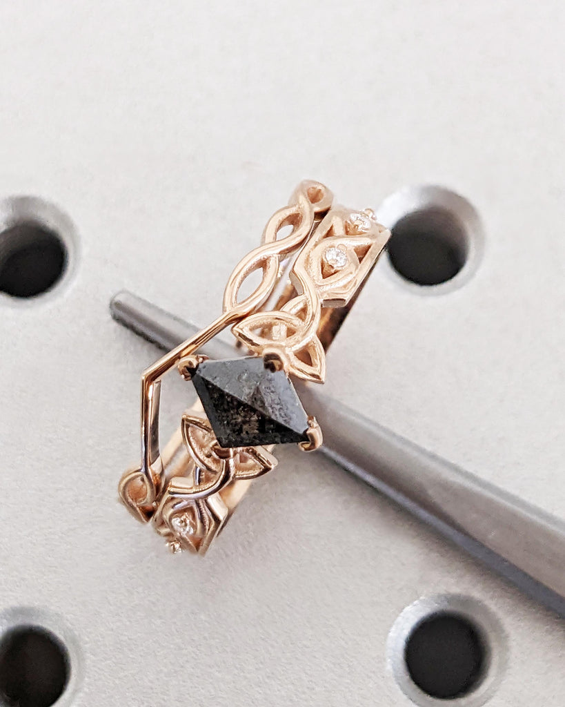 14K Rose Gold Celtic Knot Engagement Ring Set | Salt and Pepper Diamond Ring Kite Cut Diamond Ring | Unique Geometric Celtic Bridal Ring Set