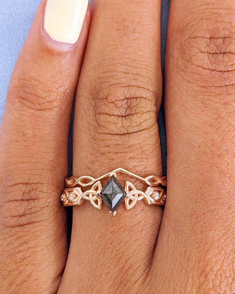 Unique Kite Diamond Vintage Celtic Engagement Ring Bridal Set, Salt And Pepper Diamond Kite Shaped Set, Twisted Engagement Ring Bridal Set