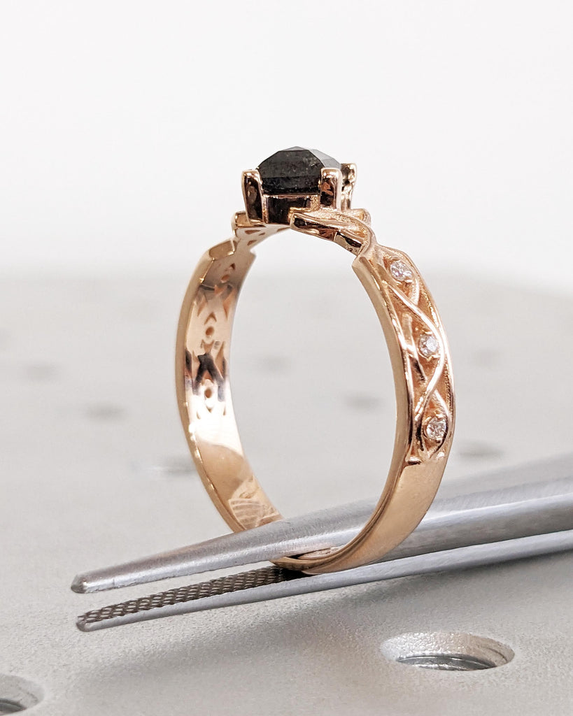 Unique Kite Diamond Vintage Celtic Engagement Ring Bridal Set, Salt And Pepper Diamond Kite Shaped Set, Twisted Engagement Ring Bridal Set