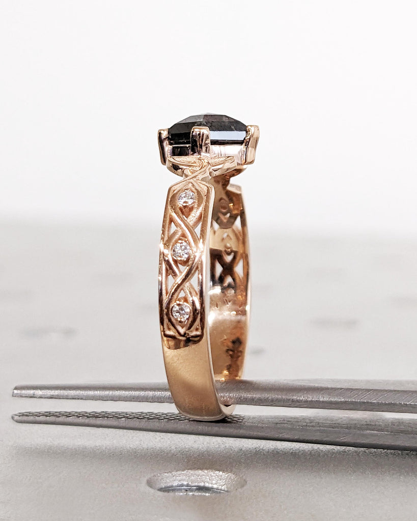 Unique Kite Diamond Vintage Celtic Engagement Ring Bridal Set, Salt And Pepper Diamond Kite Shaped Set, Twisted Engagement Ring Bridal Set