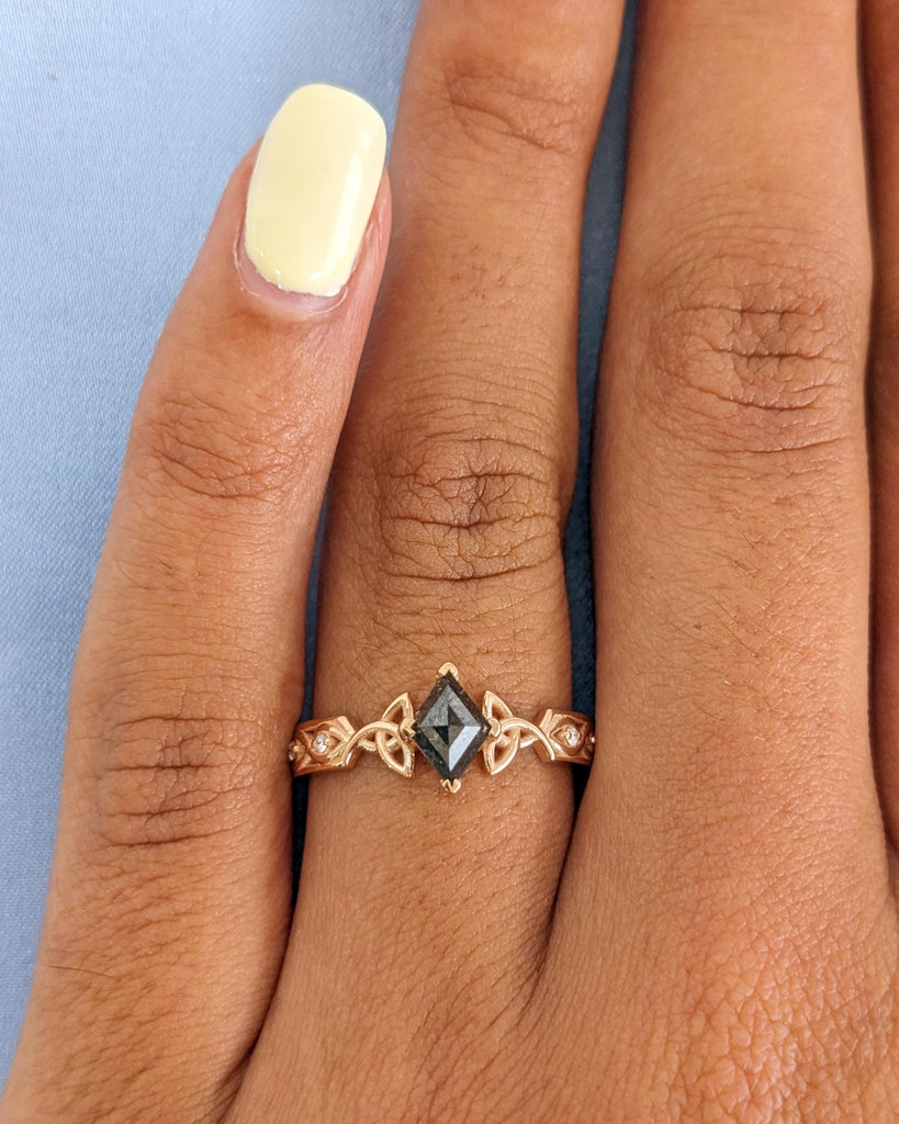 Unique Kite Diamond Vintage Celtic Engagement Ring Bridal Set, Salt And Pepper Diamond Kite Shaped Set, Twisted Engagement Ring Bridal Set