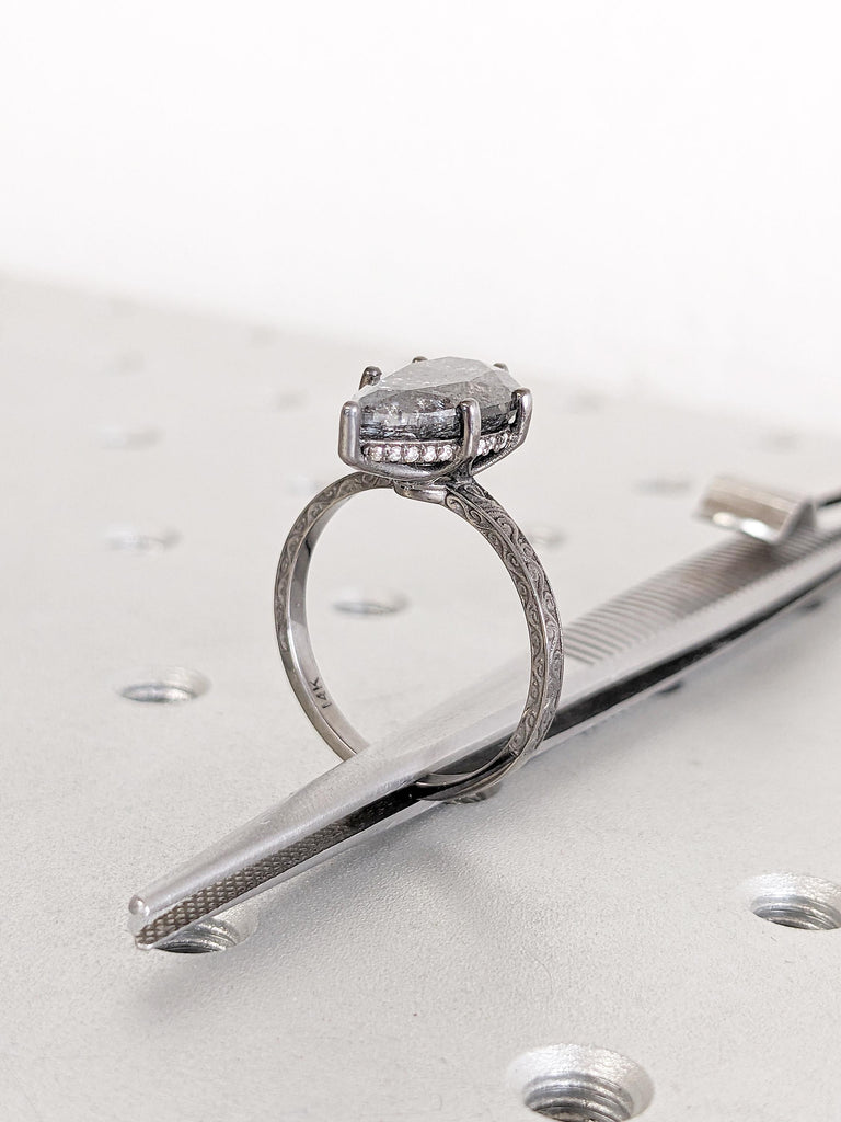 Salt and Pepper Diamond Ring, Black Gold Ring, Pear Engagement Ring, Hidden Halo Diamond Ring, Statement Rings for Women, Black Diamond Ring