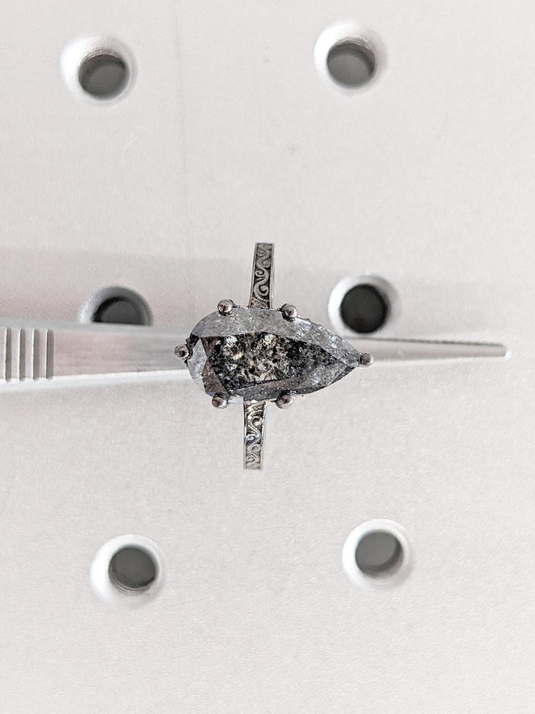 Hidden Halo Engagement Ring, Pear Cut Salt and Pepper Diamond Wedding Ring, 14k Gold Ring, Gift for Wife, Filigree Ring, Gold Statement Ring