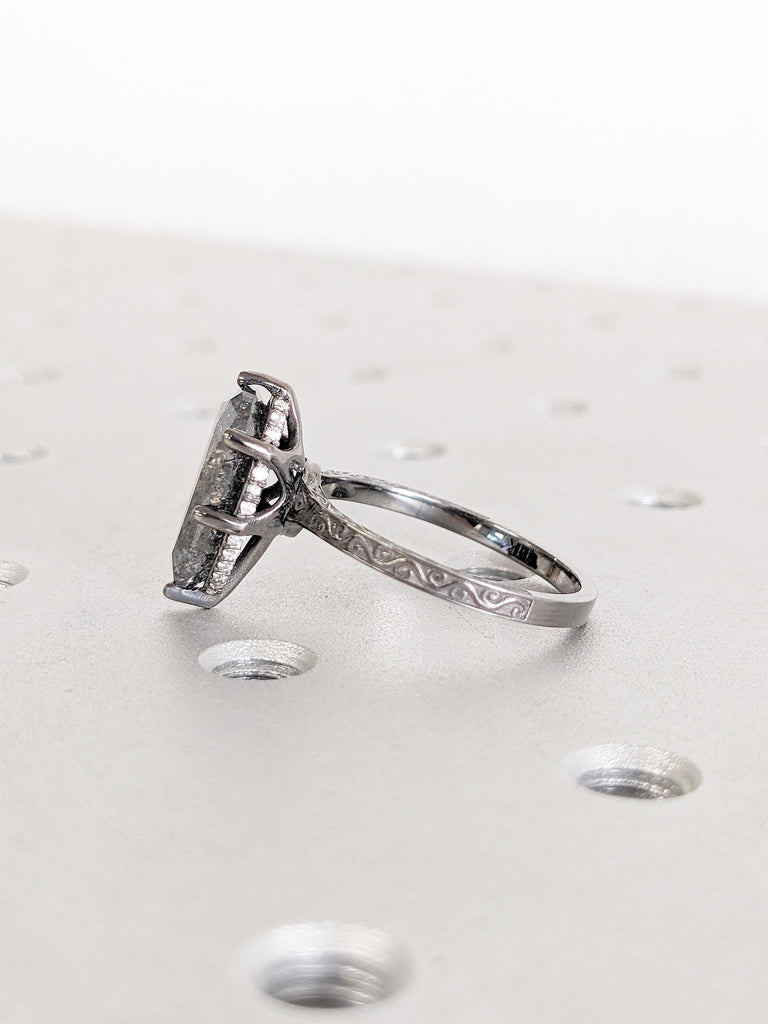 Salt and Pepper Diamond Ring, Black Gold Ring, Pear Engagement Ring, Hidden Halo Diamond Ring, Statement Rings for Women, Black Diamond Ring