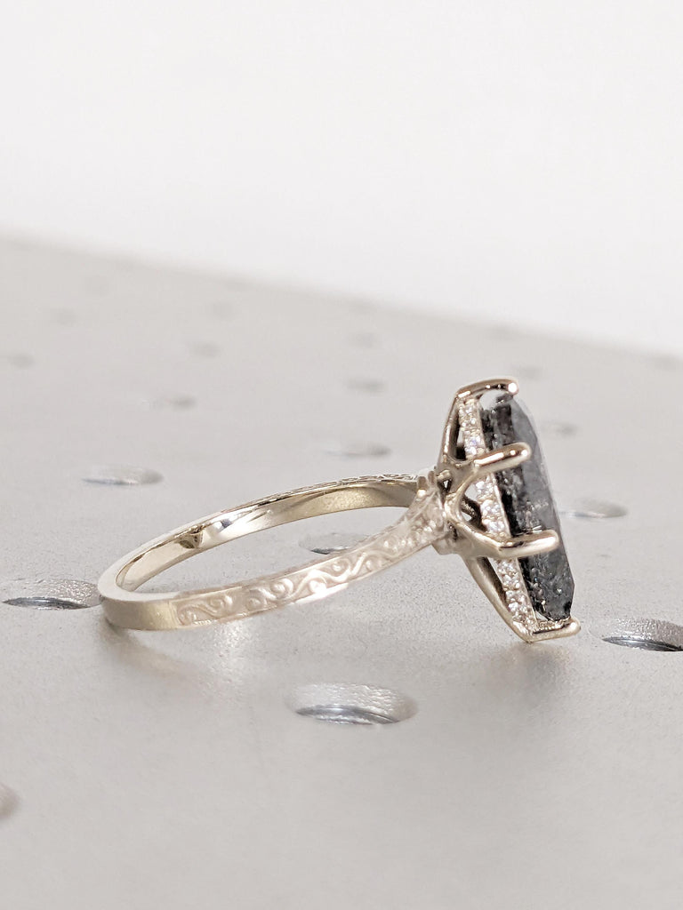 Pear Shaped Engagement Ring, 14k Gold Ring, Salt and Pepper Diamond Filigree Ring, Handmade Rings, Vintage Style Ring, Promise Ring for Her
