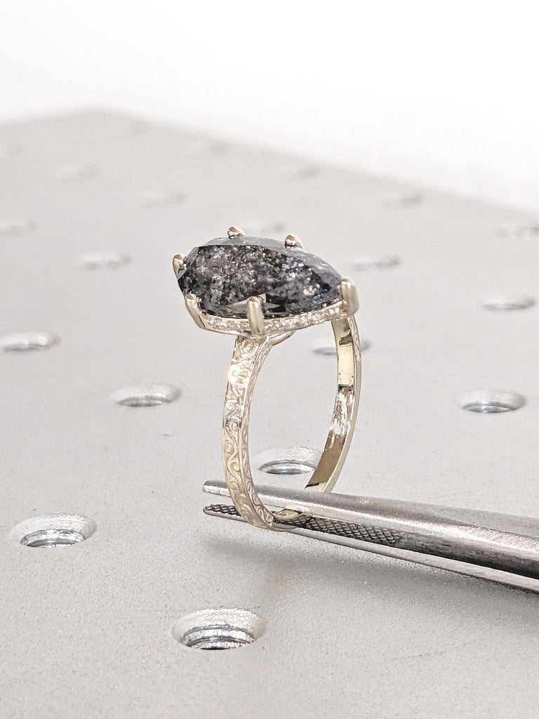 Personalized Statement Ring, Salt and Pepper Diamond Engagement Ring, White Gold Ring, Filigree Wedding Anniversary Ring, Hidden Halo Ring