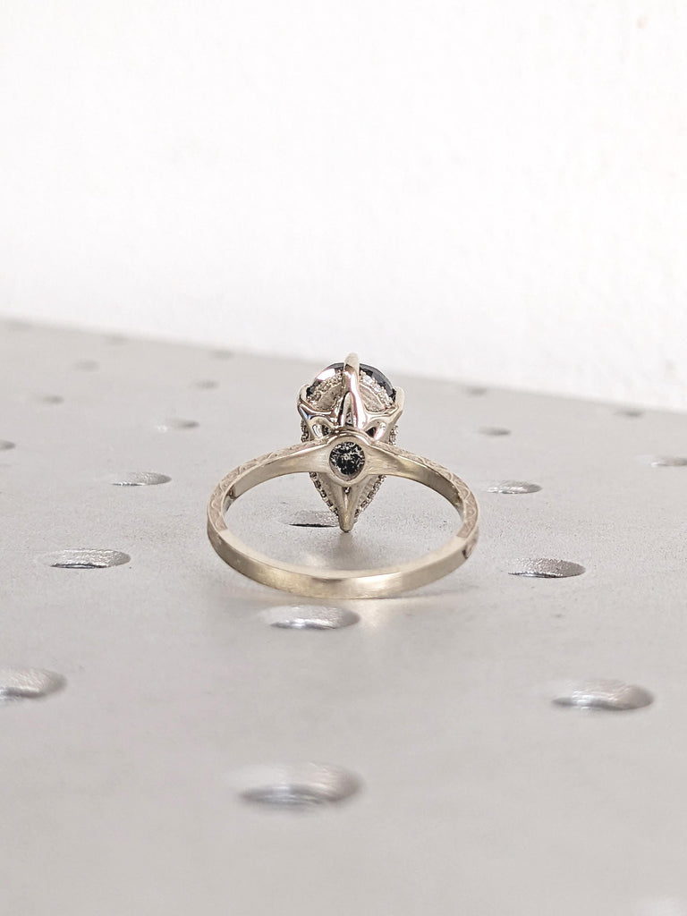 Pear Shaped Engagement Ring, 14k Gold Ring, Salt and Pepper Diamond Filigree Ring, Handmade Rings, Vintage Style Ring, Promise Ring for Her