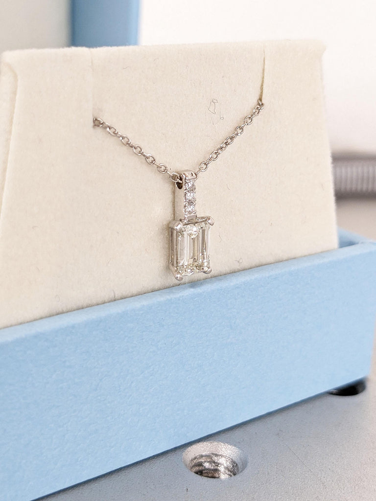 Emerald Cut Moissanite Solitaire Pendant Necklace | 14k White Gold Moissanite Necklaces for Women | Solid Gold Necklace | Bridal Jewelry image #4