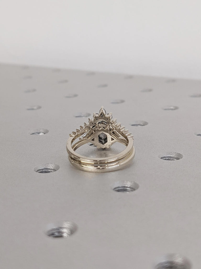 Raw Diamond Hexagon Cut Salt & Pepper Diamond Bridal Engagement Ring, 14K White Gold Geometric Ring Set, Custom Galaxy Diamond Stacking Ring