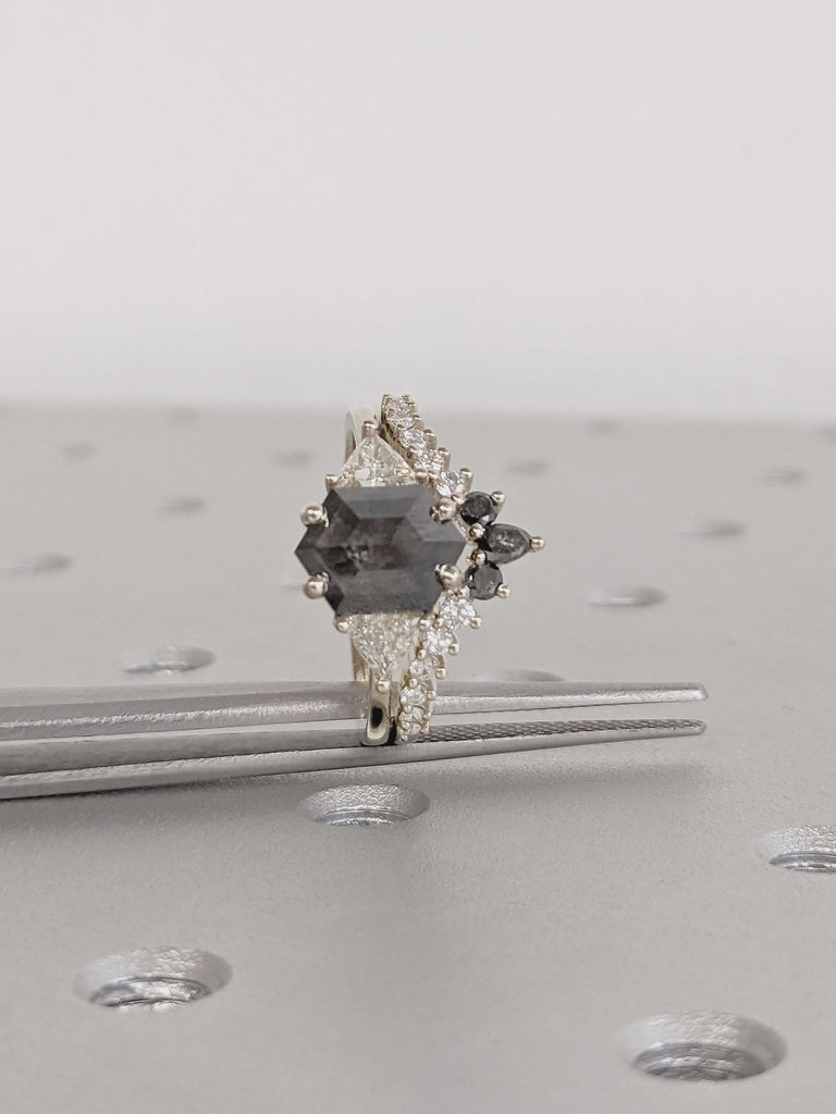 Raw Diamond Hexagon Cut Salt & Pepper Diamond Bridal Engagement Ring, 14K White Gold Geometric Ring Set, Custom Galaxy Diamond Stacking Ring
