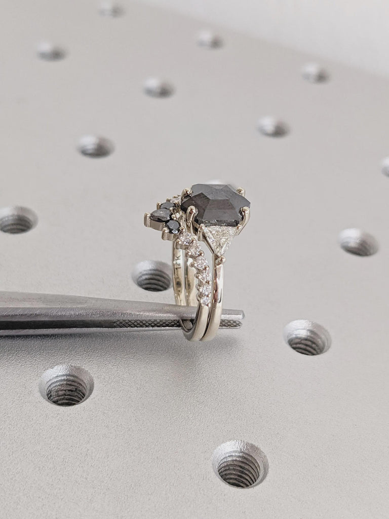 Raw Diamond Hexagon Cut Salt & Pepper Diamond Bridal Engagement Ring, 14K White Gold Geometric Ring Set, Custom Galaxy Diamond Stacking Ring