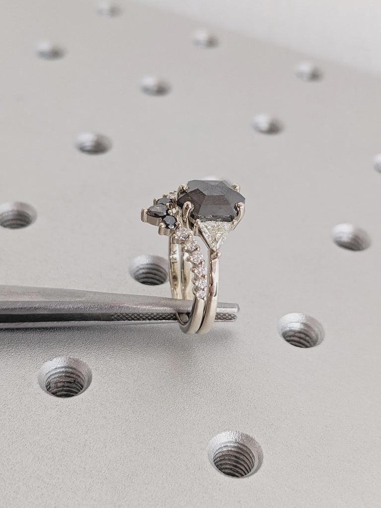 Raw Diamond Hexagon Cut Salt & Pepper Diamond Bridal Engagement Ring, 14K White Gold Geometric Ring Set, Custom Galaxy Diamond Stacking Ring