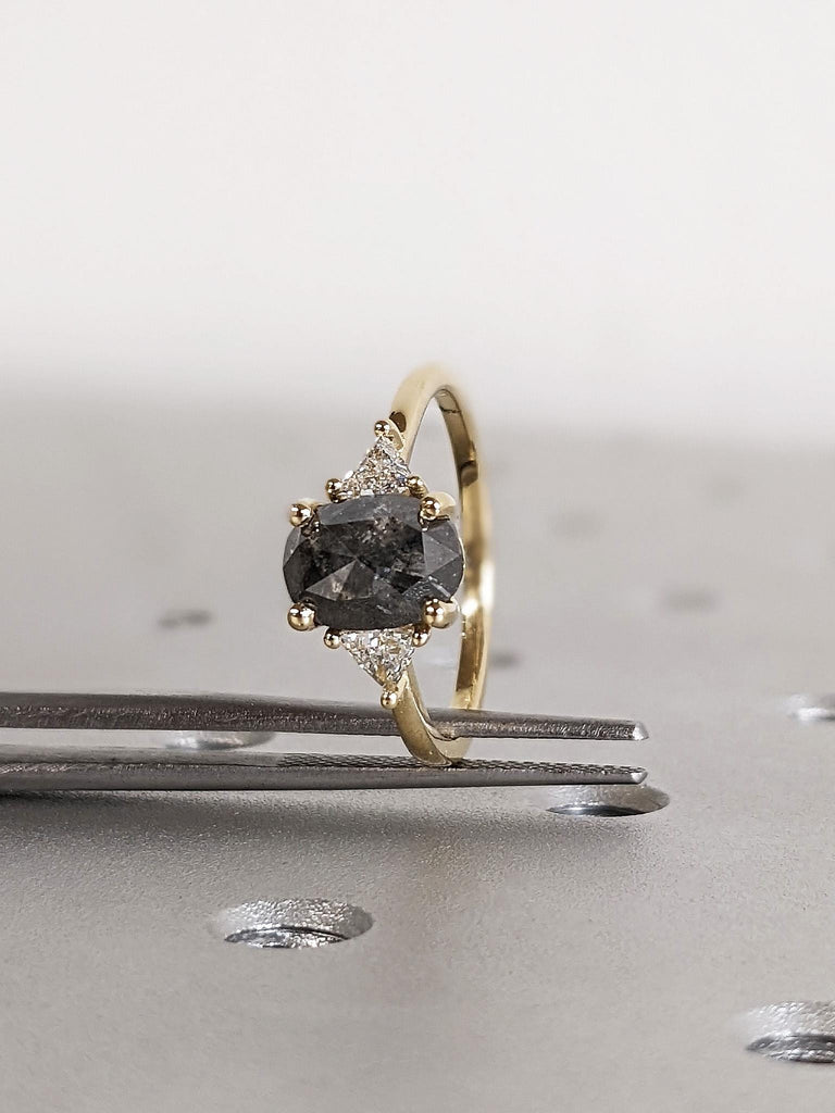 Oval Cut Raw Salt and Pepper Diamond Engagement Ring, Solid Yellow Gold Black Diamond Dainty Band, Unique Trillion Cut Diamond Wedding Ring