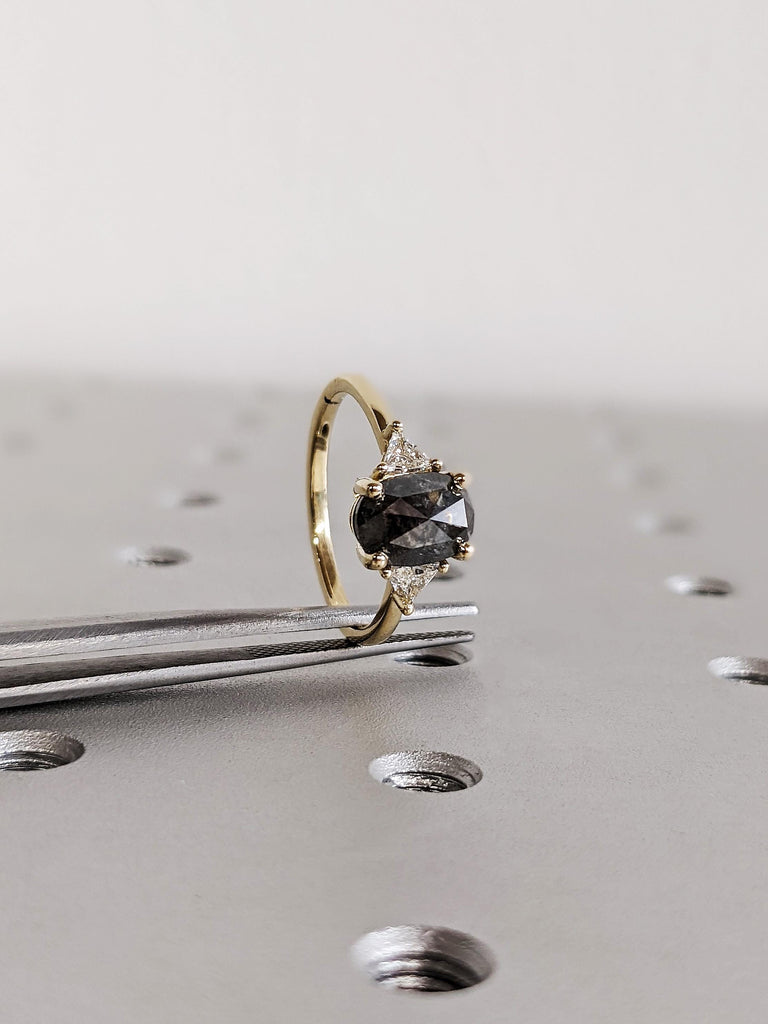 Oval Cut Raw Salt and Pepper Diamond Engagement Ring, Solid Yellow Gold Black Diamond Dainty Band, Unique Trillion Cut Diamond Wedding Ring