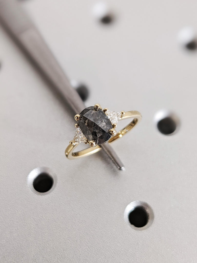 Oval Cut Raw Salt and Pepper Diamond Engagement Ring, Solid Yellow Gold Black Diamond Dainty Band, Unique Trillion Cut Diamond Wedding Ring