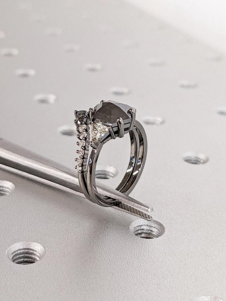 Unique Raw Diamond Hexagon Triangle Diamond Ring , 14K Black Gold Salt & Pepper Bridal Engagement Set, Geometric Black Diamond Wedding Ring