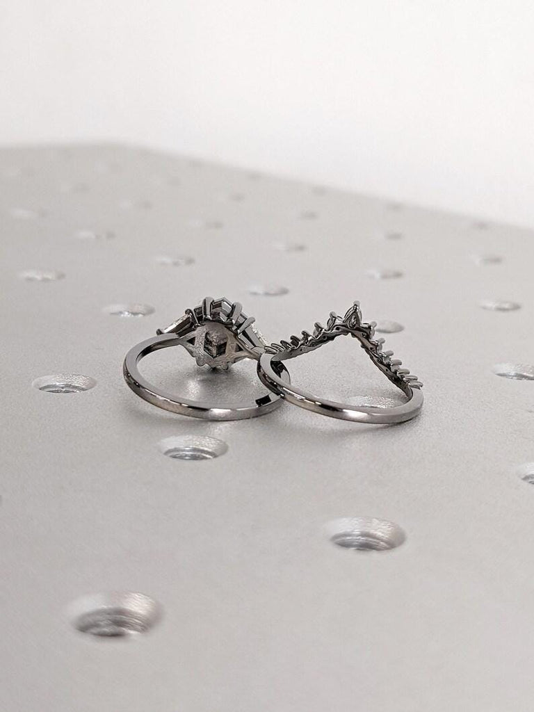 Unique Raw Diamond Hexagon Triangle Diamond Ring , 14K Black Gold Salt & Pepper Bridal Engagement Set, Geometric Black Diamond Wedding Ring