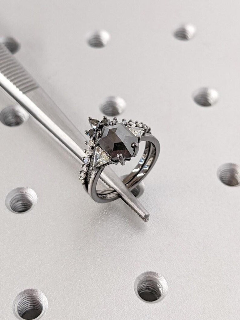 Unique Raw Diamond Hexagon Triangle Diamond Ring , 14K Black Gold Salt & Pepper Bridal Engagement Set, Geometric Black Diamond Wedding Ring