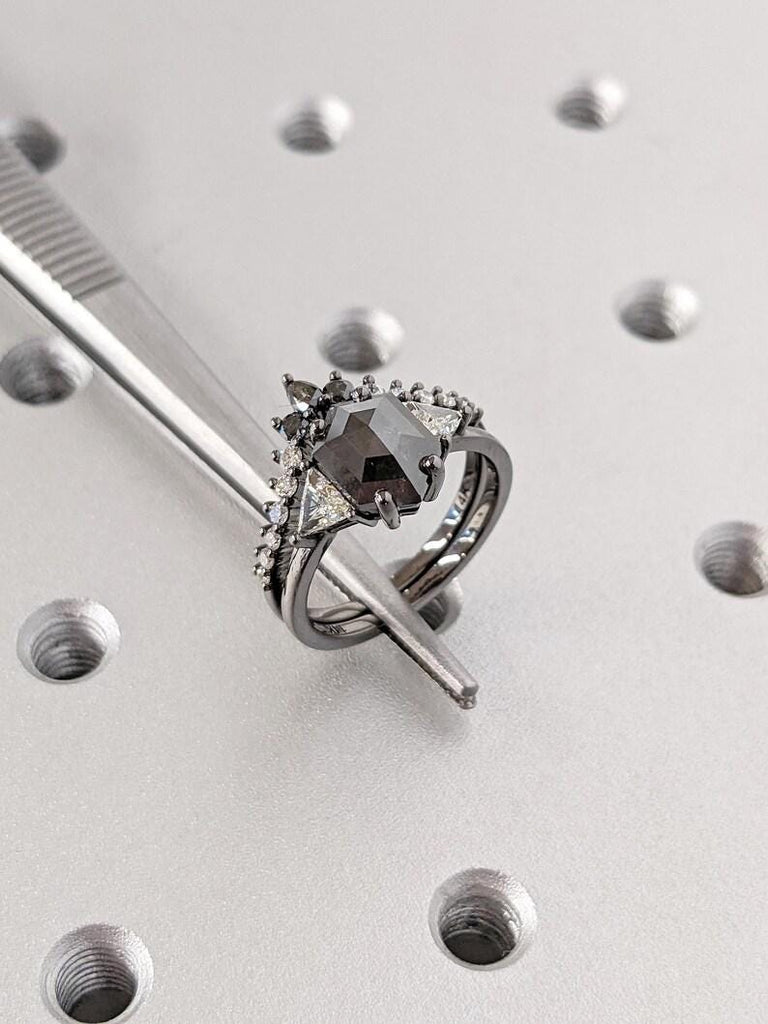 14K Solid Black Gold Salt and Pepper Bridal Set Engagement Ring, Hexagon Cut Salt & Pepper Diamond Ring Set, Stacking Rings, Christmas Gift