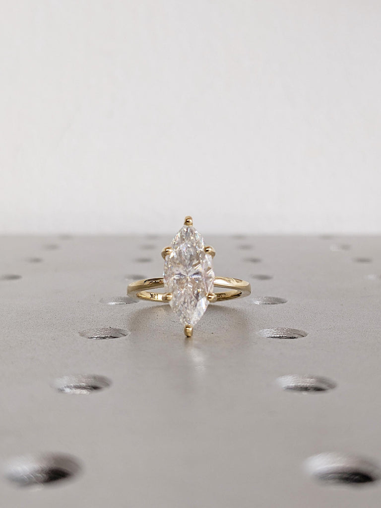 Vintage Lab Created Diamond Ring, Marquise Engagement Ring, Big Statement Ring, Hidden Halo Ring, Dainty 18k Gold Ring, Promise Ring for Her image #9