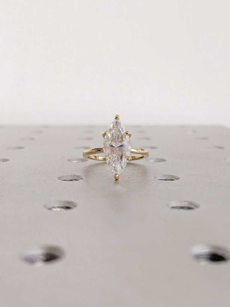 Vintage Lab Created Diamond Ring, Marquise Engagement Ring, Big Statement Ring, Hidden Halo Ring, Dainty 18k Gold Ring, Promise Ring for Her image #5