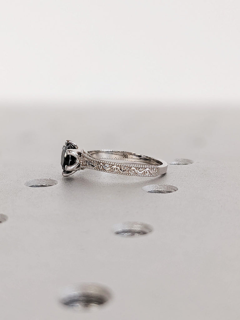 Unique Round Cut Black Moissanite Engagement Ring, Custom 14K White Gold Milgrain Wedding Ring, Vintage Solitaire Moissanite Promise Ring
