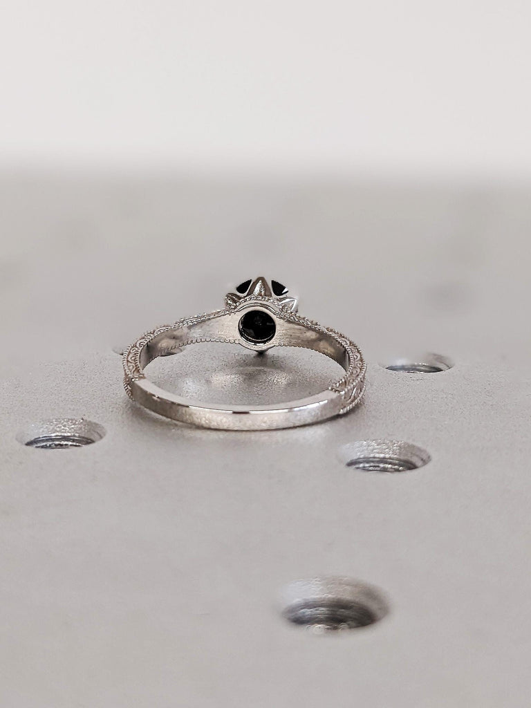 Unique Round Cut Black Moissanite Engagement Ring, Custom 14K White Gold Milgrain Wedding Ring, Vintage Solitaire Moissanite Promise Ring