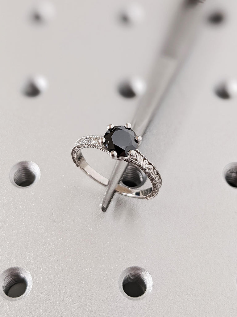 Unique Round Cut Black Moissanite Engagement Ring, Custom 14K White Gold Milgrain Wedding Ring, Vintage Solitaire Moissanite Promise Ring