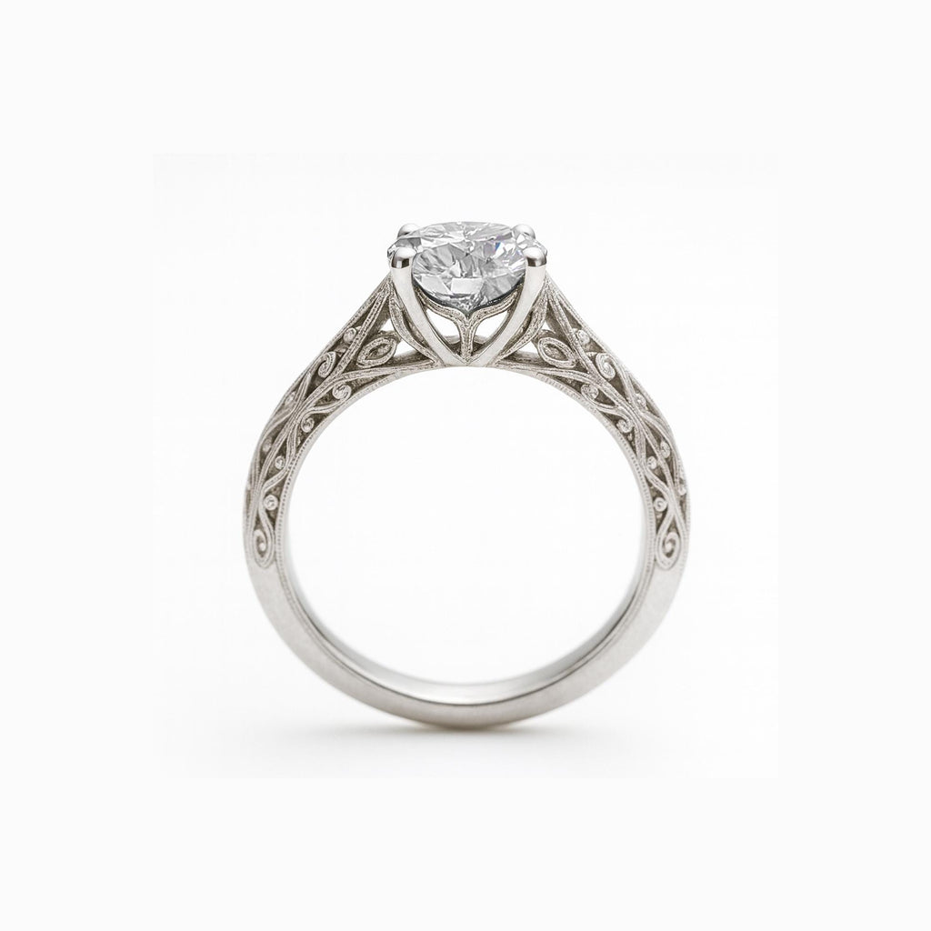 Vintage Moissanite Engagement Ring, Round cut VVS Moissanite Promise Ring, Handmade Ring, Soli Gold Bridal Ring, Filigree Women Wedding Band, Unique Ring