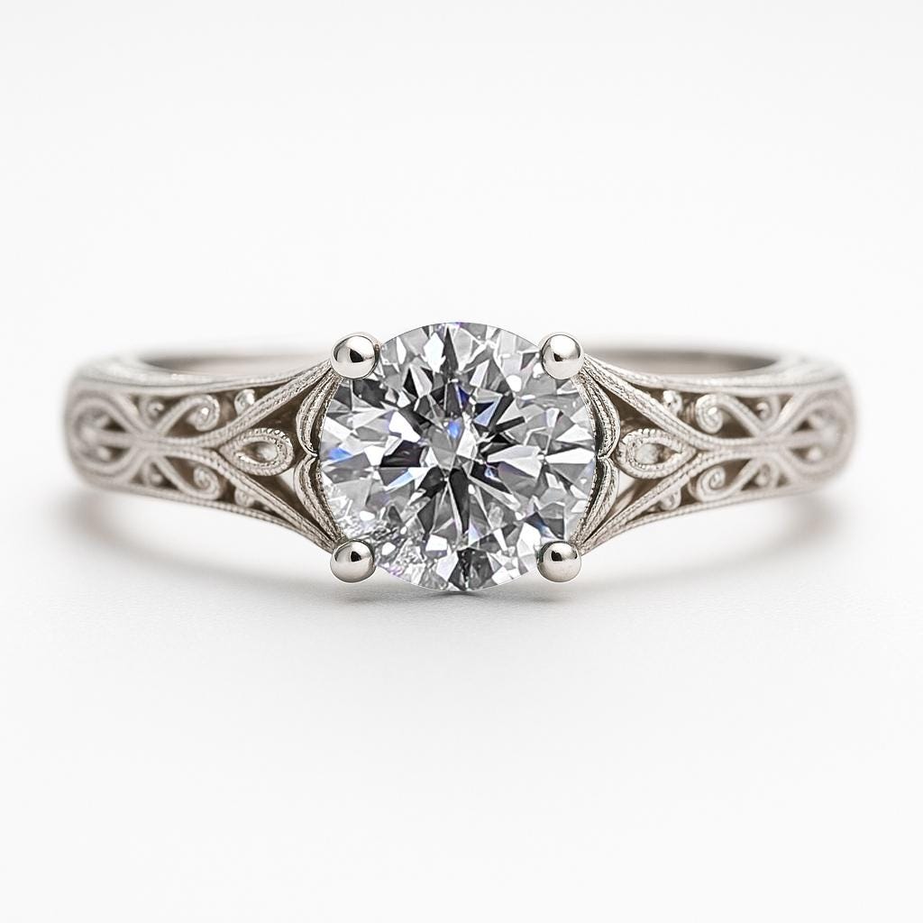 Art Deco Filigree Round Moissanite Solitaire Ring | Vintage 0.5-3ct Moissanite Engagement Ring For Women | 14k White Gold Anniversary Ring
