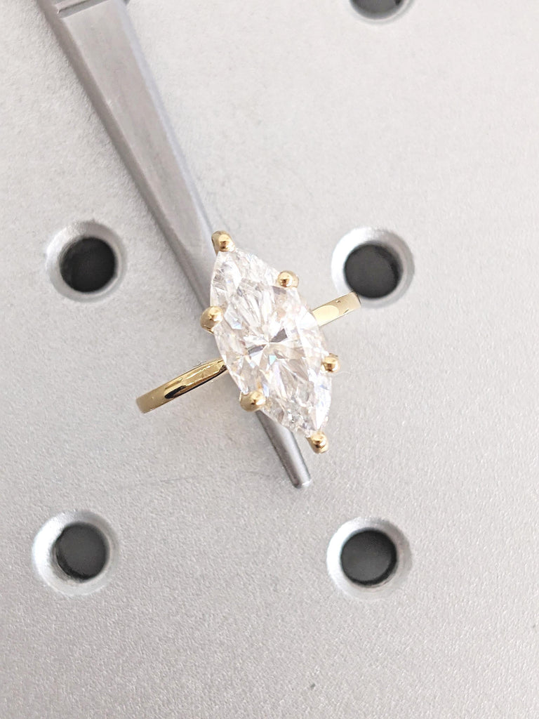 Vintage Lab Created Diamond Ring, Marquise Engagement Ring, Big Statement Ring, Hidden Halo Ring, Dainty 18k Gold Ring, Promise Ring for Her image #6